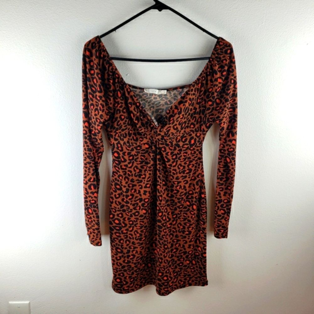 Lush Leopard Print Mini Dress Medium Brown Coral Long Sleeve Knot Front Stretch